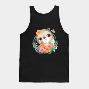 cute little sloth portrait with floral Tank Top